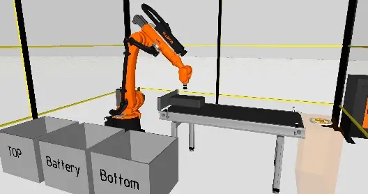 Robot handling batteries in an industrial automation cell